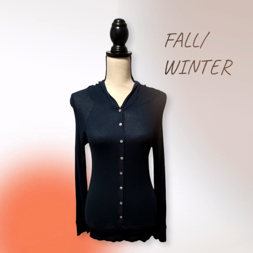 Old Navy Blue Long Sleeve Hooded Thermal Shirt Size Medium